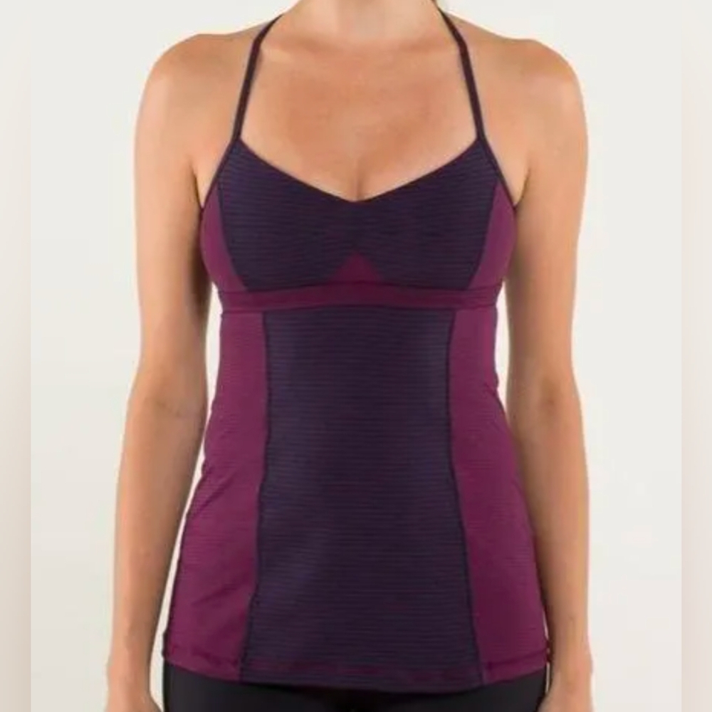 EUC Lululemon Athletica Bend and Flow HyperStripe Plum Tank